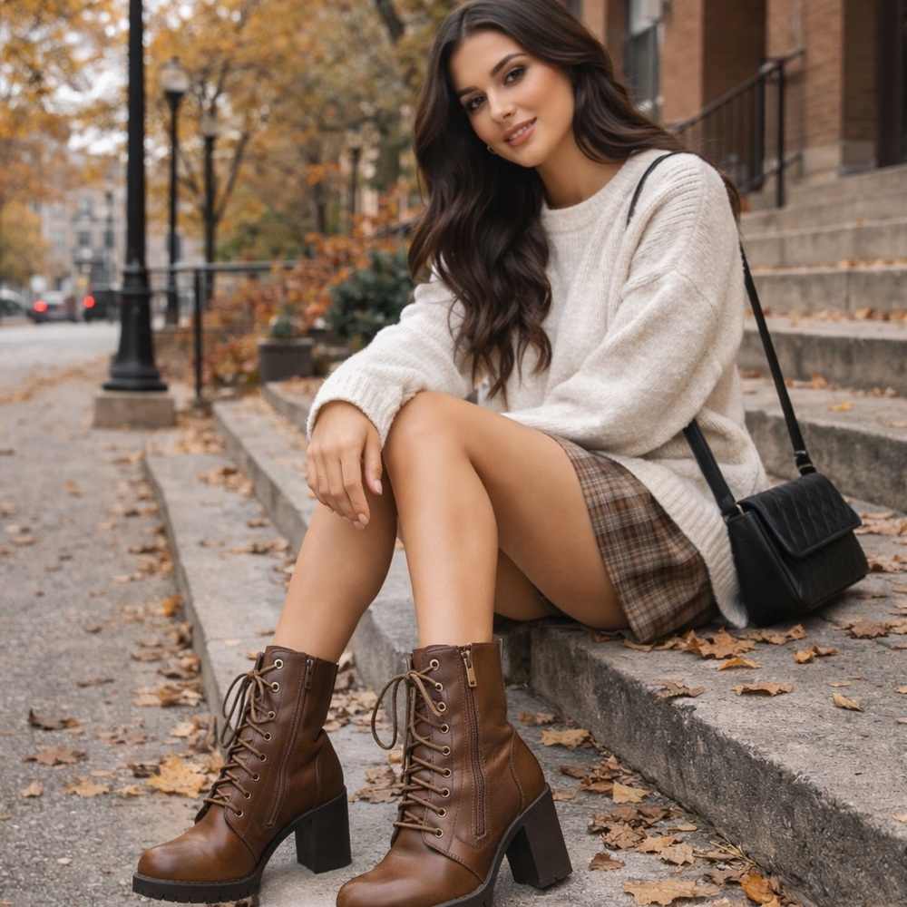 Dream Pairs Brown Lace-Up Chunky Heel Combat Boots Sz 5.5 Side Zip Lug Sole